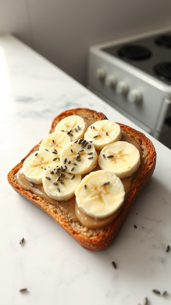 Almond butter banana toast with chia seeds on top