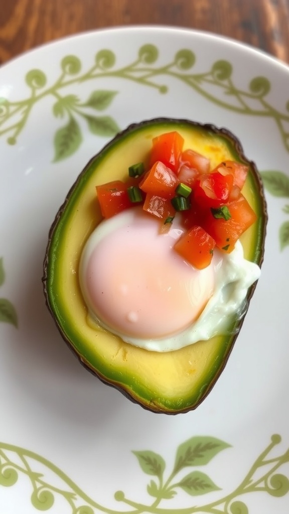 Baked eggs in avocado topped with salsa on a decorative plate.