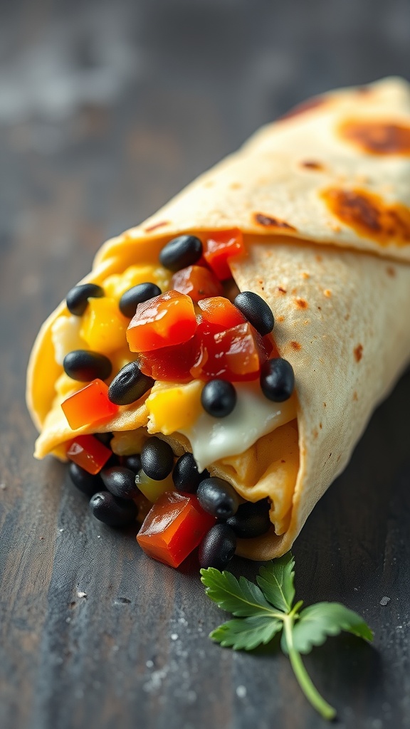 A delicious breakfast burrito filled with black beans, eggs, and fresh vegetables.