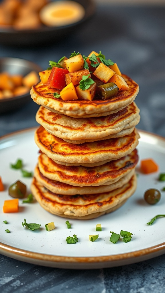 Chickpea flour pancakes topped with diced vegetables and herbs