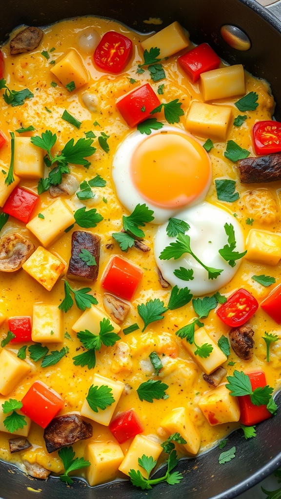 A colorful egg white and veggie scramble with bell peppers, tomatoes, and fresh herbs.