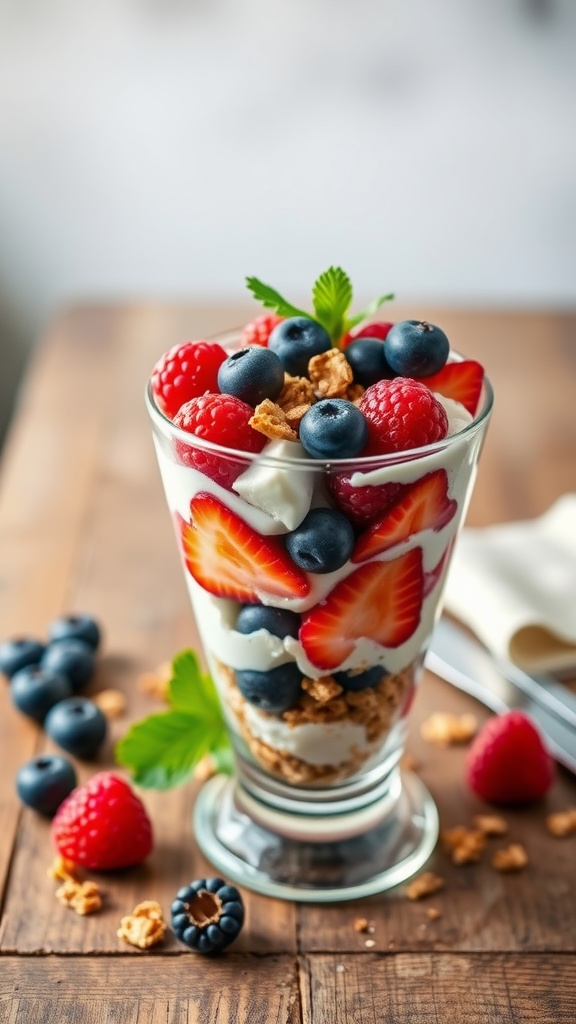 A delicious Greek yogurt parfait with layers of berries and granola in a glass.