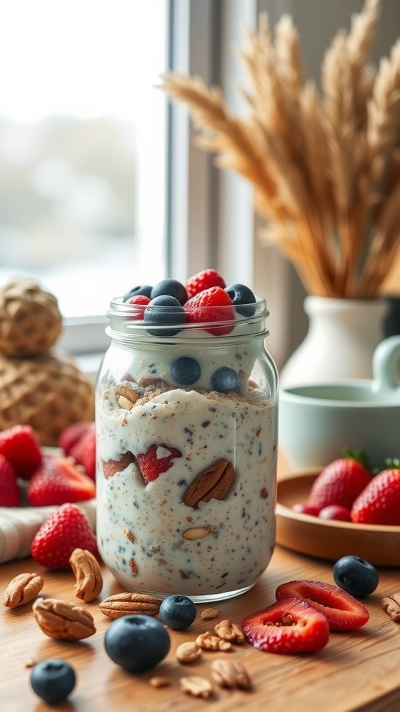 A jar of overnight oats topped with berries and nuts