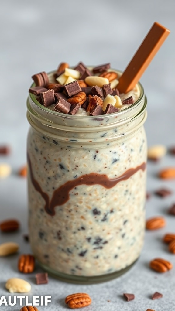 A jar of peanut butter chocolate overnight oats topped with chocolate and nuts.