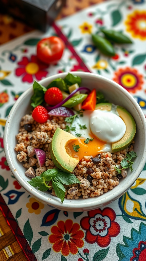 A nutritious quinoa breakfast bowl with avocado, egg, colorful vegetables, and fresh herbs.