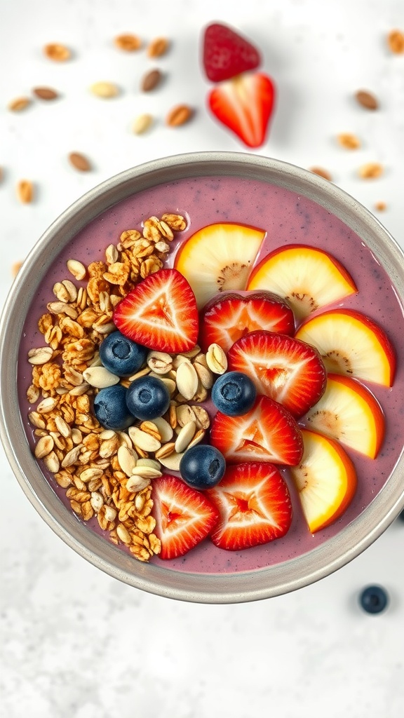 A delicious protein smoothie bowl topped with fresh fruits and granola, perfect for breakfast.