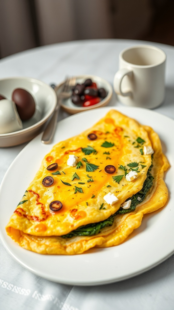 A delicious savory spinach and feta omelet served on a plate.