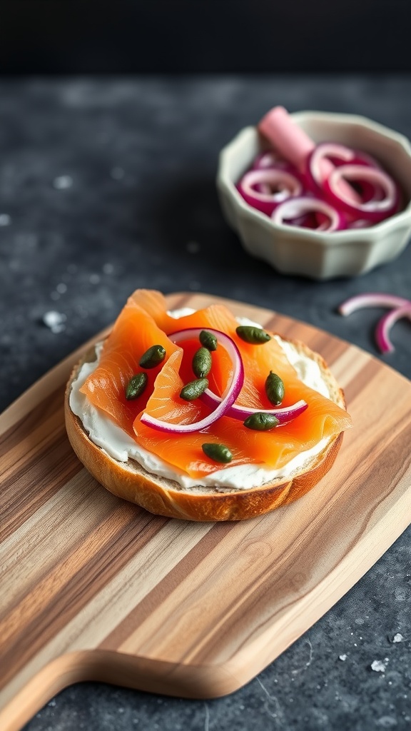 A smoked salmon and cream cheese bagel topped with red onions and capers on a wooden cutting board.