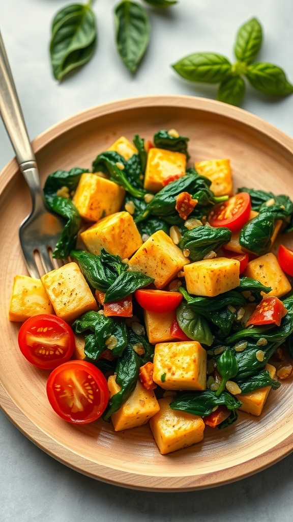 A colorful tofu scramble with spinach and tomatoes, served in a wooden bowl.